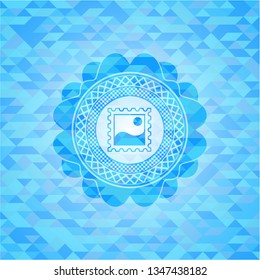 picture icon inside sky blue emblem. Mosaic background