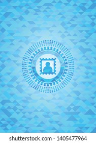 picture icon inside sky blue emblem with triangle mosaic background