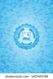 picture icon inside sky blue emblem. Mosaic background