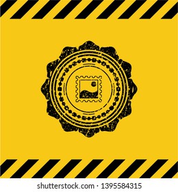 picture icon inside warning sign, black grunge emblem. Vector Illustration. Detailed.