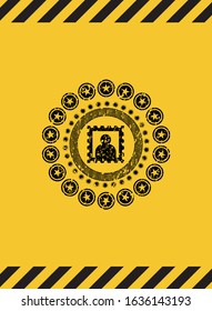 picture icon inside warning sign, black grunge emblem. Vector Illustration. Detailed.