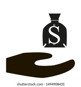 In the picture, the icon of a man's hand holds or drops a bag of money. Icon for business, motivation, project, site, bank.