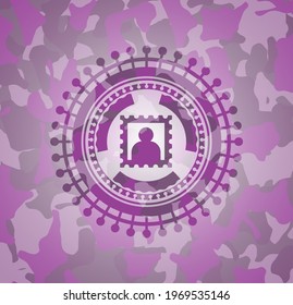 picture icon on pink and purple camouflaged texture. 