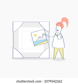 Picture Icon, Photo Gallery, Art, Exhibitions, Painting, Portfolio, photo album concept. Cute cartoon character puts, sending or attaching the picture to the frame. Flat outline vector illustration.