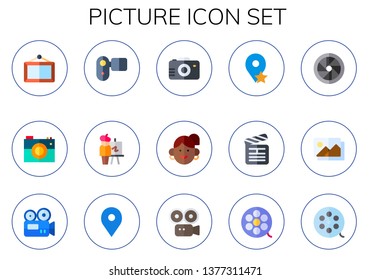 picture icon set. 15 flat picture icons.  Simple modern icons about  - canvas, camera, video camera, easel, avatar, placeholder, clapperboard, shutter, photography, film reel