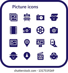 Picture Icon Set. 16 Filled Picture Icons.  Collection Of - Picture, Artboard, Photo Camera, Avatar, Film Strip, Camera, Film Reel, Placeholder, Profile, Selfie, Clapperboard