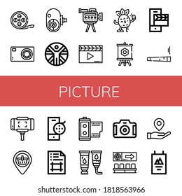 picture icon set. Collection of Film strip, Compact camera, Amateur camera, Vitruvian man, Camcorder, Clapperboard, Selfie, Canvas, Joint, Selfie stick, Placeholder, Film reel icons