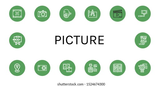 picture icon set. Collection of Viewfinder, Camera, Amateur camera, Design, Clapperboard, Selfie, Placeholder, Compact camera, Picture, Photographer, Photo album, Cinema icons