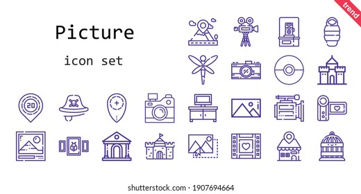 picture icon set. line icon style. picture related icons such as image, tv table, pirate, castle, video camera, bird cage, photo, camcorder, wedding video, photo camera, picture, dragonfly, pokeball