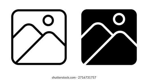 Conjunto de iconos de imagen. Diseño simple de un paisaje montañoso con sol, perfecto para un marcador de posición de Imagen o ícono de Galería. Disponible en versiones en blanco y negro.