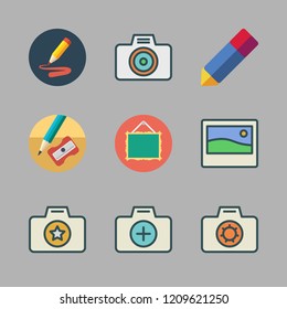 picture icon set. vector set about photo, frame, photo camera and pencil icons set.