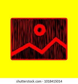 Picture icon. Vector. Black scribble icon in red container with rounded corners at yellow background. Isolated.