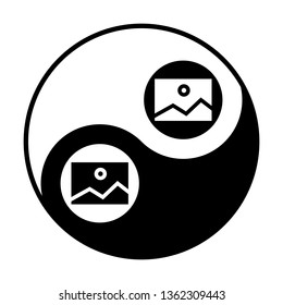 Picture icon. Vector. Black and white icon inside circles of yin and yang symbol  at white background.