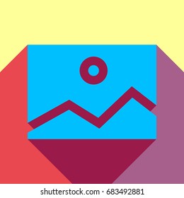 Picture icon. Vector. Deep sky blue icon with two flat violet and raspberry semitransparent shadows on canary background.