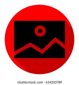 Picture icon. Vector. Flat black icon with flat shadow on red circle with white background. Isolated.