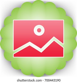 Picture icon. Vector. Pinkish icon with white contour on green background which similar to flower.