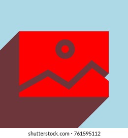 Picture icon. Vector. Red flat icon with infinte wine shadow to left down corner at sky background.