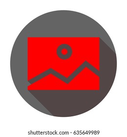 Picture icon. Vector. Red icon with reddish shadow on dark gray circle at white background. Isolated.