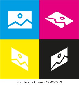 Picture icon. Vector. White icon with isometric projections on cyan, magenta, yellow and black backgrounds.