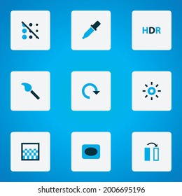 Iconos de imagen coloreados con círculo, gradiente, efecto y otros elementos de pipeta. Iconos de imagen de ilustración vectorial aislados.