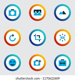 Picture icons colored set with filter, add a photo, photographing and other photo elements. Isolated vector illustration picture icons.