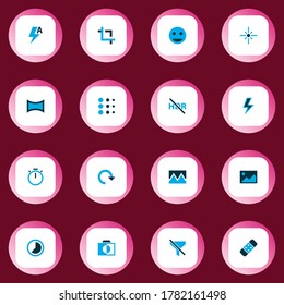 Picture icons colored set with timer, healing, flare and other refresh elements. Isolated vector illustration picture icons.
