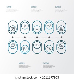 Picture icons line style set with brush, wb sunny, brightness and other blur elements. Isolated vector illustration picture icons.
