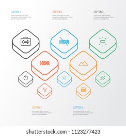 Picture icons line style set with photography, round, shine and other switch cam elements. Isolated vector illustration picture icons.