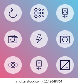 Picture icons line style set with camera rear, lightning, reload and other add a photo elements. Isolated vector illustration picture icons.