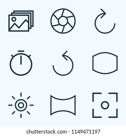 Iconos de imagen con el estilo de línea con captura, iridescente wb, imagen y otros elementos de gran angular. Iconos de imagen de ilustración vectorial aislados.