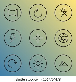 Picture icons line style set with focus, lightning, angle and other flash off elements. Isolated vector illustration picture icons.