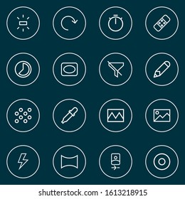 Picture icons line style set with flash, round, chronometer and other filtration elements. Isolated vector illustration picture icons.