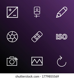 Picture icons line style set with pen, smartphone, mode and other camera front elements. Isolated vector illustration picture icons.