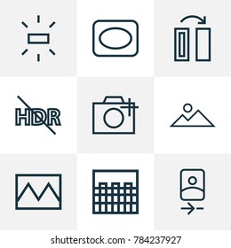 Picture icons line style set with wb sunny, add a photo, broken image and other vignette elements. Isolated vector illustration picture icons.