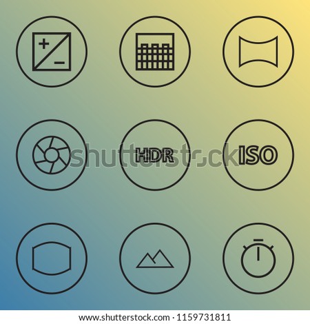 Picture icons line style set with light level, chessboard, high dynamic range and other gradient elements. Isolated vector illustration picture icons.