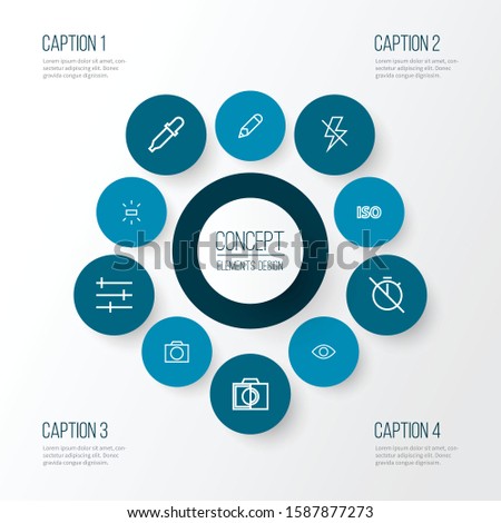 Picture icons line style set with photo apparatus, eyesight, no timer and other eyedropper elements. Isolated vector illustration picture icons.