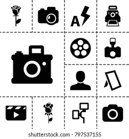 Picture icons. set of 13 editable filled picture icons such as man, rose, clapper board, camera, camera printing photo, auto flash