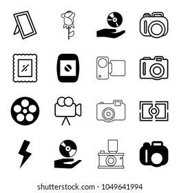 Picture icons. set of 16 editable filled and outline picture icons such as camera, cd on hand, camera display, flash, photo