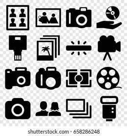 Picture icons set. set of 16 picture filled icons such as camera, man and woman, cd on hand, camera flash, photo for passport, burst, photo