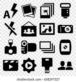 Picture icons set. set of 16 picture filled icons such as man and woman, camera, play in gear, camera flash, camera display, photo, burst, no flash, auto flash, clapper board