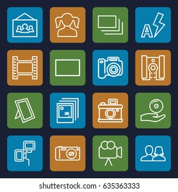 Picture icons set. set of 16 picture outline icons such as man and woman, girl, camera, cd on hand, camera flash, burst, auto flash, photo