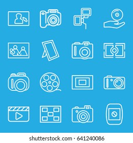 Picture icons set. set of 16 picture outline icons such as camera, cd on hand, camera display, photo, family photo