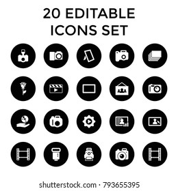 Picture icons. set of 20 editable filled picture icons such as camera, rose, movie tape, play in gear, cd on hand, camera flash. best quality picture elements in trendy style.