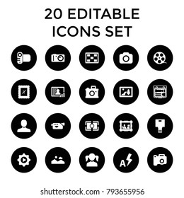 Picture icons. set of 20 editable filled picture icons such as man, girl, camera, camera tape, play in gear, camera focus. best quality picture elements in trendy style.