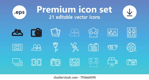 Picture icons. set of 21 editable outline picture icons includes man and woman, girl, picture, rose, camera tape, family photo, camera, photo, photo for passport, burst
