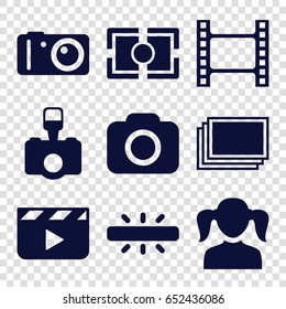 Picture icons set. set of 9 picture filled icons such as photos, girl, camera, camera focus, clapper board