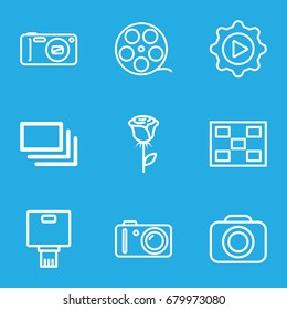 Picture icons set. set of 9 picture filled and outline icons such as burst, play in gear, camera, photo, rose