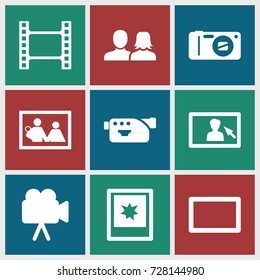 Picture icons set. set of 9 picture filled icons such as man and woman, camera, photo, burst, camera display, movie tape