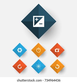 Picture Icons Set. Collection Of Chronometer, Focus, Wb Iridescent And Other Elements. Also Includes Symbols Such As Exposure, Add, Left.