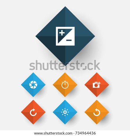 Picture Icons Set. Collection Of Chronometer, Focus, Wb Iridescent And Other Elements. Also Includes Symbols Such As Exposure, Add, Left.